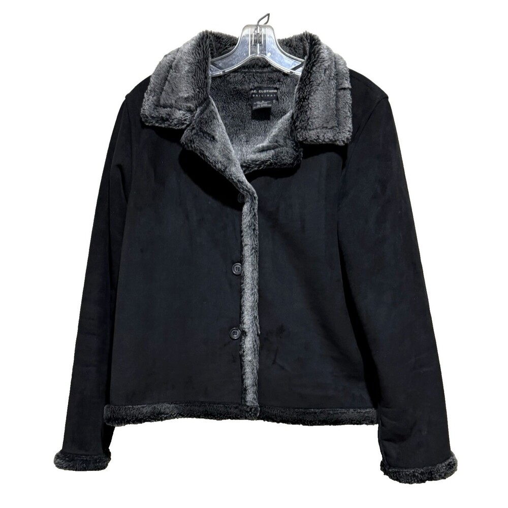 BC Clothing Faux Suede Jacket Black Sherpa Trimmed Moto Button Up Shacket Coat M